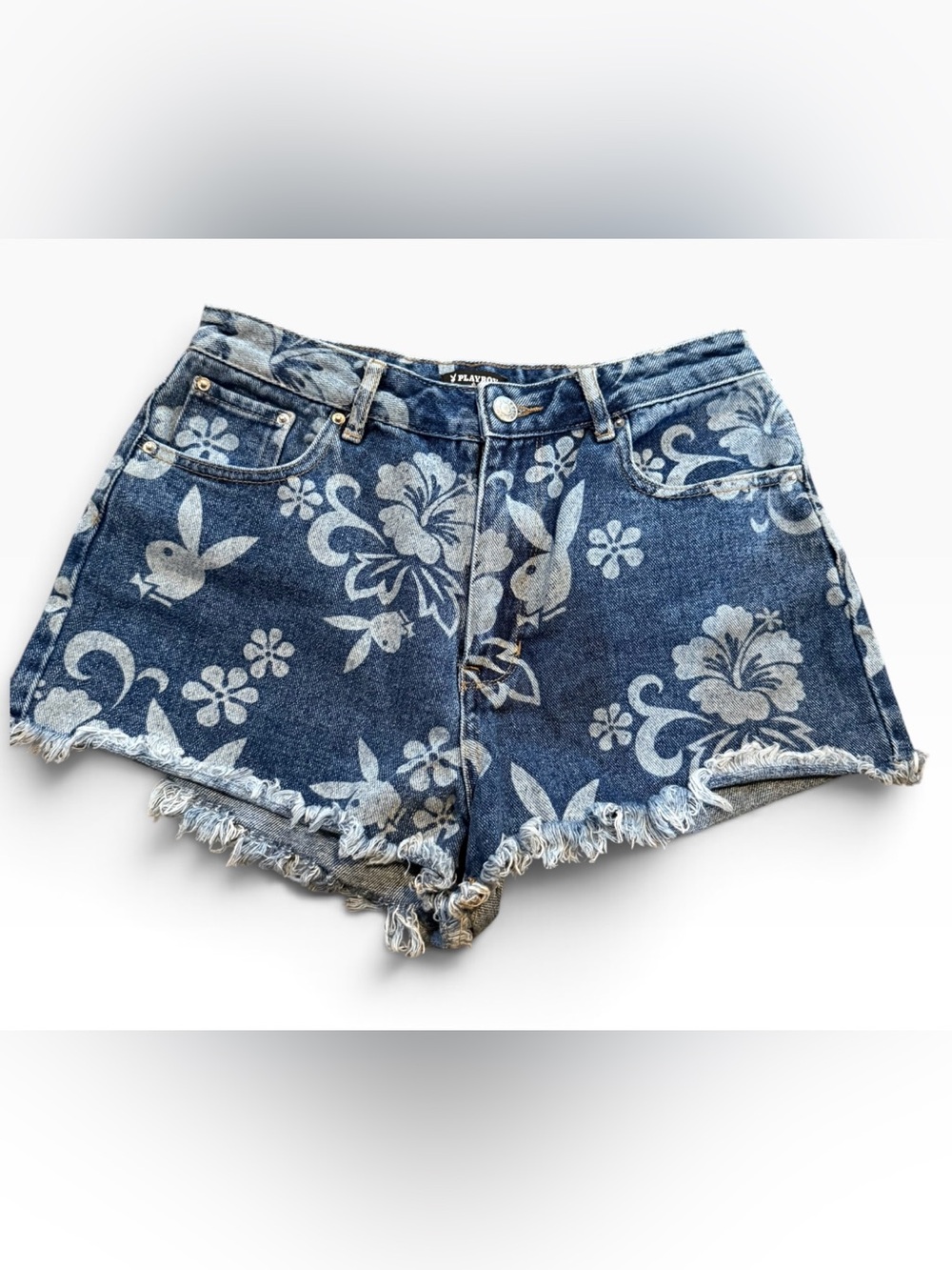 Women’s Playboy by PacSun high waisted denim frayed shorts EUC Size 27